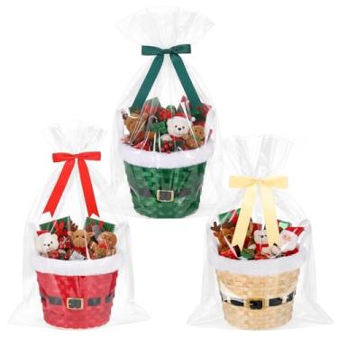 Imagem de Threehoney Conjunto de 3 cestas de Natal vazias para presentes, cestas de presente vazias para encher cesta de bambu de Natal com alças para lanche de Natal, aniversário (borda de tecido, 23 x 18 cm)