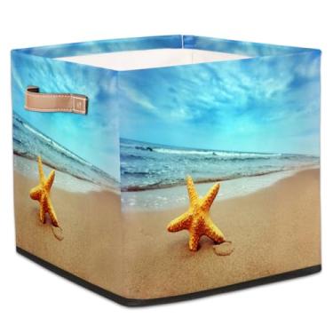 Imagem de hongjinglin Cestas dobráveis de armazenamento em cubos, mar, praia, estrela-do-mar, caixotes dobráveis para crianças, brinquedo com alças, organizador de tecido, cesto organizador para berçário, sala
