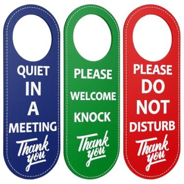 Imagem de 3 peças, placa de cabide de porta não perturbe/bem-vindo/silencioso em uma reunião de couro PU, dupla face, placa de não perturbe para escritório, casa, reunião