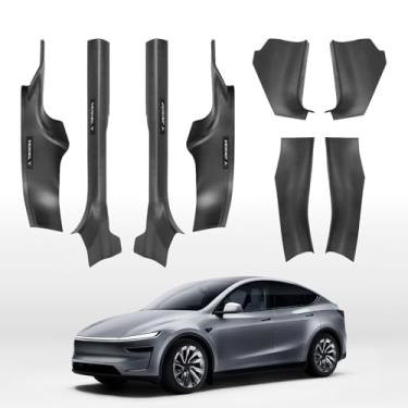 Imagem de Leeiion Protetor de soleira de porta para 2026 2025 Tesla Model Y Juniper Frente e Traseira Fibra de Carbono Textura Proteção de Entrada de Porta Placa Scuff Borda Frontal e Traseira Encaixe Tesla