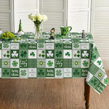 Imagem de Horaldaily Toalha de mesa retangular para Dia de São Patrício, 152 cm x 264 cm, estilo patchwork, xadrez, buffalo, verde, lavável, sazonal, para decoração de festa, piquenique, jantar