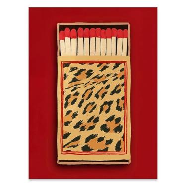 Imagem de WOFUPMY Cartazes em tela de caixa de fósforos de leopardo vermelho vintage legal correspondências arte de parede moderno bar carrinho decoração funky impressões estéticas para sala de estar quarto