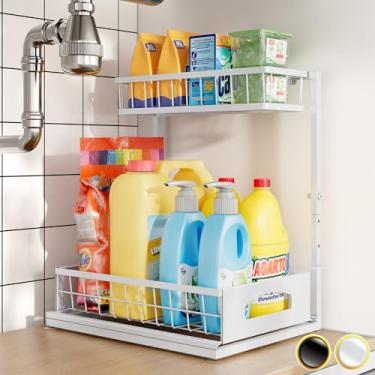 Imagem de Organizador e armazenamento sob a pia, organizador de armário ajustável em altura com gaveta deslizante, armazenamento embaixo da pia, prateleiras multiuso de pia de 2 camadas para despensa de cozinha