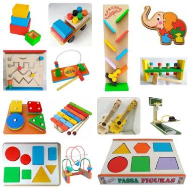 Imagem de Kit com 14 Brinquedos Educativos de Madeira Primeira Infância - BRINQU