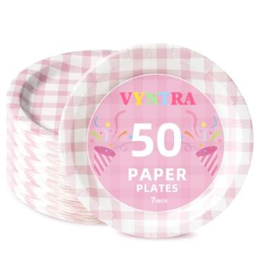 Imagem de Vyntra Pacote com 50 pratos de papel guingão, pratos de sobremesa descartáveis de 17 polegadas para festa de aniversário de meninas, pratos de chá de bebê, suprimentos de festa de piquenique (guingão