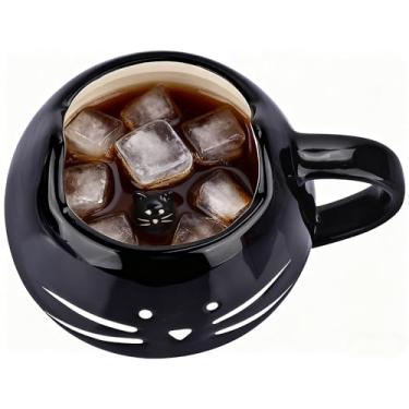 Imagem de GUSKYDO Caneca de café de cerâmica de gato fofo 3D animal escondido dentro do copo gatinho rosto de gatinho caneca de chá amantes de gatos presentes engraçados de aniversário de Natal, preto