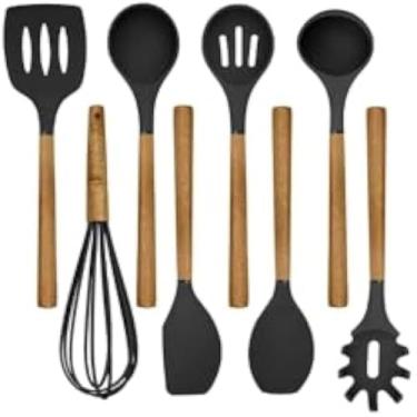 Imagem de Conjunto utensilios cozinha, silicone, resistente ao calor, sem BPA, antiaderente, preto, completo.