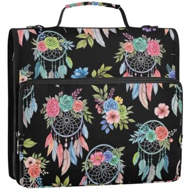 Imagem de Organizador de fichário grande com zíper, 3 anéis, 3 anéis, aquarela, apanhador de sonhos, preto, suporte para 500 folhas, bolsa para fichário do ensino médio com alça, 34,5 x 31,5 x 9 cm