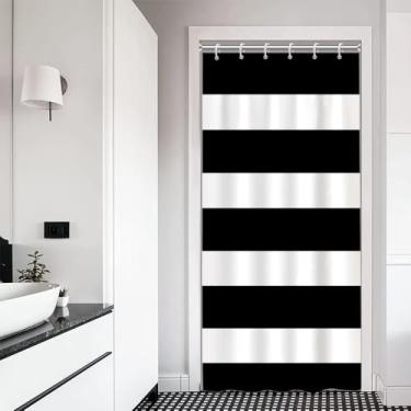 Imagem de Leyiyi Cortina de chuveiro com listras pretas e brancas, linhas vintage, impermeável, poliéster, cortina de banheiro, moderna, geometria abstrata, estética, conjunto de cortinas de chuveiro com