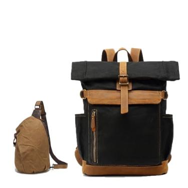 Imagem de Mochila De Lona Encerada à Prova D'áGua Com Detalhes Em Couro E Bolsa Frontal | Estilo Vintage, Bolso Antifurto E AlçAs AjustáVeis ​​Para Viagens E Uso DiáRio.