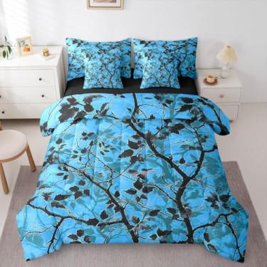Imagem de Conjunto de cama Queen com 7 peças de camuflagem azul, chalé rústico em uma bolsa, galhos da floresta com folhas, conjunto de edredom, conjunto de lençóis, fronhas e fronhas, decoração de quarto