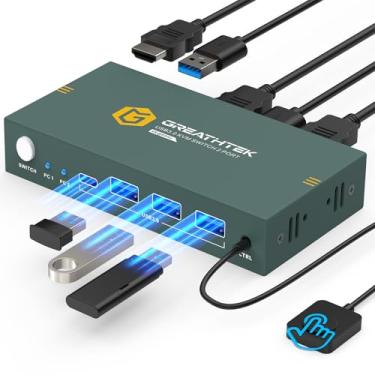 Imagem de GREATHTEK Usb3.0 Kvm Switch 2 Portas Hdmi, 4K @ 60Hz Kvm Switch 1 Monitores 2 Computadores com 3 Portas Usb3.0, Hdmi Kvm Switches para 2 Unidades Compartilham 1 Monitores e Dispositivos Usb, Interrupt