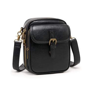 Imagem de Bolsa tiracolo para mulheres e homens, bolsa carteiro antifurto de couro vegano, bolsa transversal vintage com compartimentos para cartões, Pulseira de couro preto, Small
