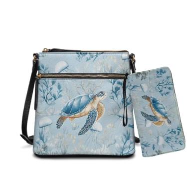 Imagem de Rchsomd Conjunto de bolsa e carteira feminina de couro PU - Bolsa Hobo leve multifuncional com vários bolsos para viagens, Água-viva de tartaruga marinha 2, One Size