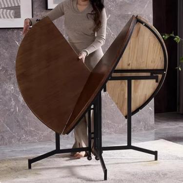 Imagem de Mesa de banquete redonda dobrável de madeira, mesa de jantar com economia de espaço para ambientes externos, cozinha, sala de jantar, pátio, mesa de centro resistente (tamanho: diâmetro 100 cm)