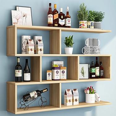 Imagem de Rack de vinho e suporte de cerveja montado na parede - Prateleira moderna de madeira para armário de vinho para bar doméstico, armazenamento de bebidas que economiza espaço, organizador de garrafas e