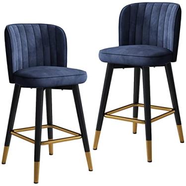 Imagem de Cadeira alta giratória de veludo encosto banco de bar 2 peças, banco de bar de recepção de balcão de cozinha doméstico com pernas pretas e apoio para os pés cromado dourado (tamanho: 55 cm, cor: azul)