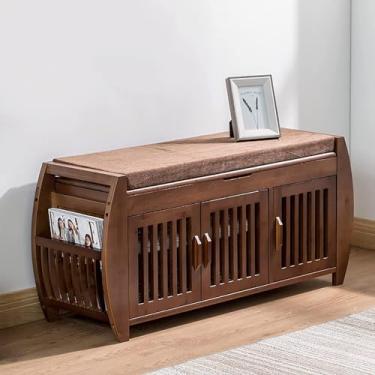 Imagem de Banco de armazenamento de sapatos de madeira maciça rústica com suporte de revista, organizador de entrada, sapateira elegante para decoração de casa, assento funcional para entrada ou mudroom