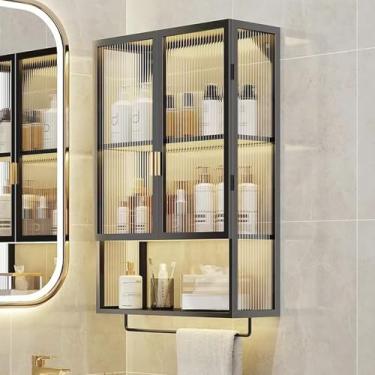 Imagem de Armário de armazenamento de parede de metal para banheiro e despensa, armazenamento sobre o vaso sanitário com toalheiro, suporte de exibição elegante preto/branco, organizador que economiza espaço