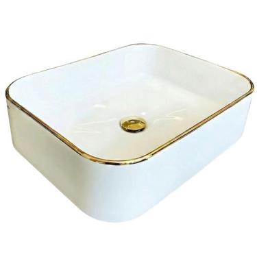 Imagem de Kit Cuba para Banheiro Cerâmica Branca e Dourada Retangular 45cm RC900