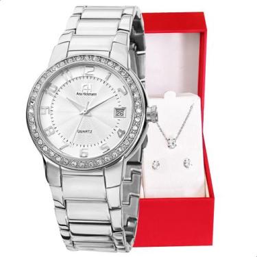 Imagem de Relógio Feminino Champion Ana Hickmann Prata Cristais AH28571Q Colar e
