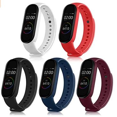 Imagem de Pacote Kit 5 Pulseiras Extras Compatível com Mi Band 5 6 Sport Silicone Cores Vivas (Branco+Vermelho+Preto+Azul+Vinho)