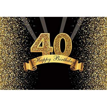 Imagem de Yeele Pano de fundo de aniversário de 3 x 2,4 m 40 anos para fotografia glitter dourado e fundo preto Feliz aniversário festa decoração banner celebração adulto foto cabine sessão vinil estúdio adereços