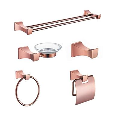 Imagem de Acessórios Hardawre para banheiro Anel de barra de trilho pendurado para toalheiro Suporte de papel ouro rosa antigo Escova de banheiro Robe Saboneteira Saboneteira Cabide de copo, 5 peças conjunto B