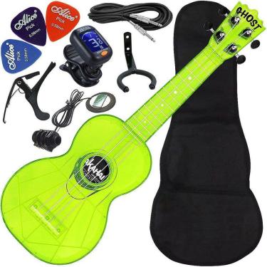 Imagem de Kit Ukulele Akahai Ghost Soprano Elétrico Ativo Hawaii Lemon