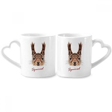 Imagem de Little Brown Orelhas Longas Esquilo Animal Casal Conjunto de Caneca de Porcelana Copo Amante de Cerâmica Punho de Coração