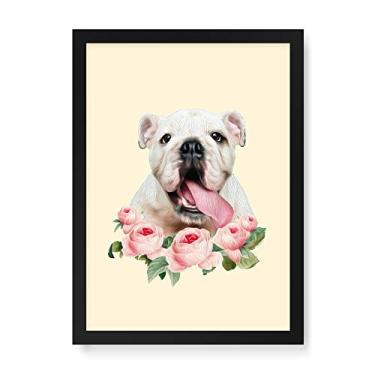 Imagem de Arte Maníacos Quadro Decorativo Bulldog Inglês Flores - 23x16,25cm (Moldura caixa em laca preta)