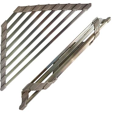 Imagem de Escorredor de pratos triangular para pia de canto, escorredor de louça, dobrável, de aço inoxidável, multiuso, sobre a pia, escorredor de pratos para cozinha (cinza rígido e estável)