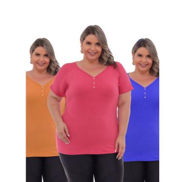 Imagem de Kit 3 peças Blusa plus size cores variadas blusinha tamanho grande detalhe com botões dourados no busto camiseta plus vi