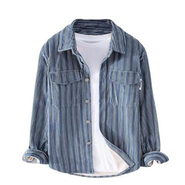 Imagem de Camisa masculina de veludo cotelê listrado Vertric manga longa vintage gola virada para baixo camisa urbana primavera, Azul, P