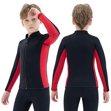 Imagem de REALON Jaqueta infantil de neoprene com zíper frontal de manga comprida para natação, surfe, mergulho, snorkeling, esportes aquáticos