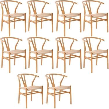 Imagem de Kit com 10 Cadeiras para Sala de Jantar Wishbone Madeira Maciça Madeira Clara