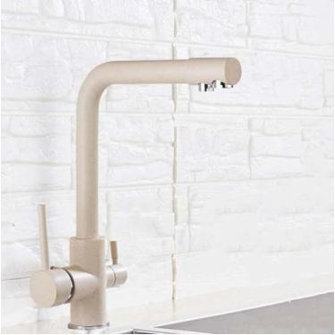 Imagem de Torneira de cozinha com filtro cromado, torneira de cozinha para água potável pura, montada no deck, alças duplas, misturador de água quente e fria de 3 vias, ponto bege