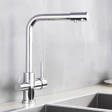 Imagem de Torneira de cozinha com 3 vias, furo único, 2 alças, misturador de água quente e fria, filtro de água pura, torneira cromada