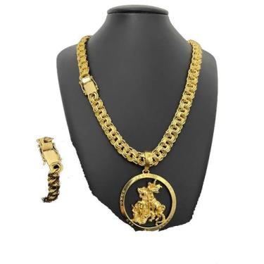 Imagem de Corrente Friso 12mm + Pulseira + Pingente - Banhado a Ouro - ToJoia18k