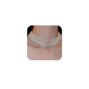 Imagem de Octwine Gargantilha curta de pérolas com strass boho delicado anos 20 corrente multicamadas gargantilha pingente colares festa de formatura para mulheres e meninas 4 níveis