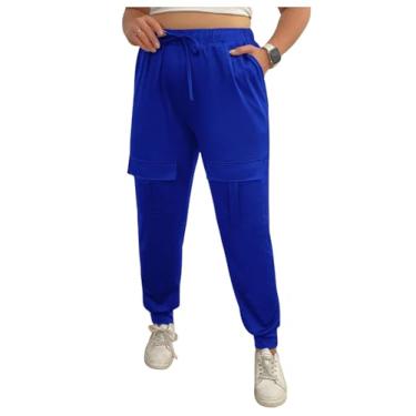 Imagem de Floerns Calça cargo feminina plus size de cintura alta com cordão e bolsos, Azul, XGG