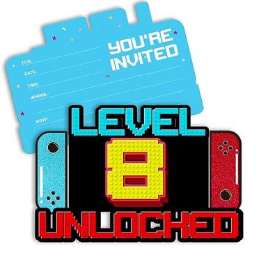 Imagem de pertnate Convites de aniversário de 8 anos para meninos de 8 anos de idade com glitter, convites em forma de festa de aniversário com envelopes, pacote com 20