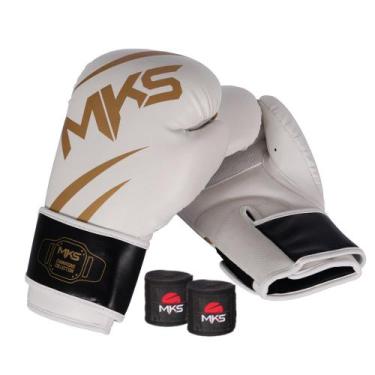 Imagem de Kit Luva de Boxe MKS Champions V3 Branco/Dourada + Bandagem Preta 2,55