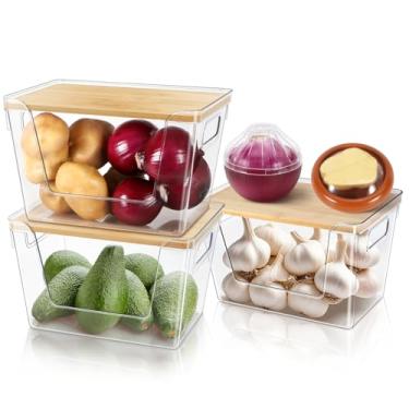 Imagem de Conjunto de 5 organizadores de despensa empilháveis organizadores de lavanderia de cozinha PET plástico transparente com tampa de bambu para cebola, batata, frutas, produtos, vegetais