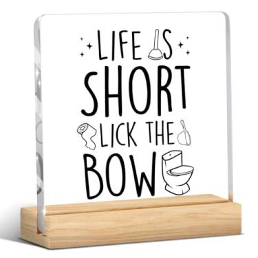 Imagem de Life is Short Lick the Bowl, placa engraçada de caixa de madeira para banheiro, banheiro, decoração de cozinha, placa acrílica para casa, escritório, prateleira de mesa