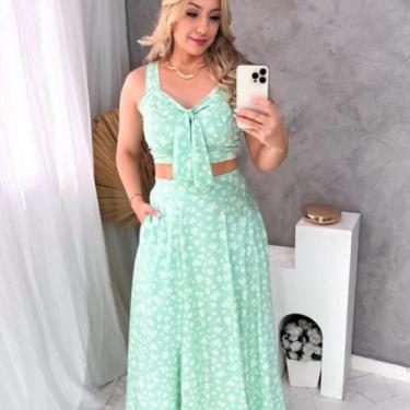 Imagem de Conjunto Cropped E Saia Viscolinho Feminino Liso E Estampado - NoBrand
