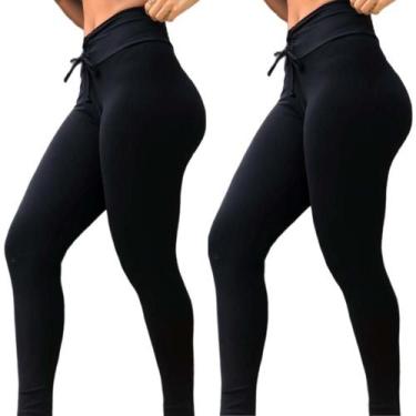Imagem de Kit 2 Calça Legging Preta Empina Bumbum Com Cordinha Leg Cintura Alta 