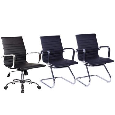 Imagem de Conjunto com 1 Cadeira Diretor Giratória e 2 Cadeiras Executivas base fixa para Escritório Esteirinha Boston 