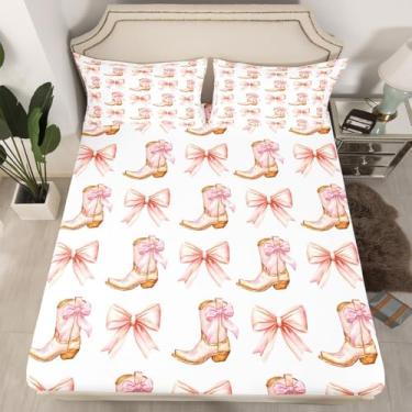 Imagem de Jogo de cama Queen Western Cowgirl, botas de vaqueira rosa com laço rústico, decoração de quarto de meninas e mulheres, lençol com elástico geométrico, patchwork, dourado, 2 fronhas (não planas)