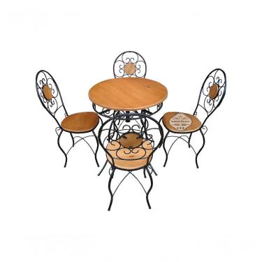 Imagem de Conjunto Mesa Redonda Em Madeira De Demolição E 4 Cadeiras Com Detalhes Em Ferro Modelo Bolinha Sudeste Rústico